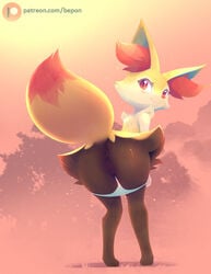 absurd_res anthro ass b-epon black_body black_fur blush braixen eyelashes female female_focus fur furry furry_only hi_res looking_at_viewer looking_back mostly_nude naked nintendo nude panties panties_down patreon pokémon_(species) pokemon pokemon_(species) pussy rear_view red_nose solo solo_female solo_focus standing tail thick_thighs topless underwear underwear_down video_games white_body white_fur yellow_body yellow_fur