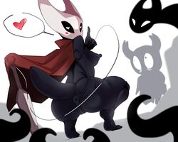 black_body black_eyes black_skin blush breasts breasts_out bug_girl cape clothed clothes clothing exposed_anus exposed_ass exposed_breasts exposed_pussy female heart heart-shaped_pupils hollow_knight hornet_(hollow_knight) insect insect_abdomen insect_girl insects karakylia mask nipples nudity partially_clothed protagonist_(hollow_knight) pussy spread_anus squatting tentacle weapon