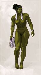 1girls apple_watch barefoot dima_ivanov feet full_body green_skin marvel muscular muscular_female nude pubes she-hulk small_breasts sneakers solo standing toes towel