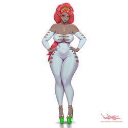 1girls blue_lipstick breath_of_the_wild dark-skinned_female dark_skin feet female gerudo green_eyes hands_on_hips high_heels nintendo open_toe_shoes pinkdrawz red_hair the_legend_of_zelda urbosa wide_hips