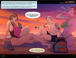 1boy 1girls alien_(franchise) beach big_breasts blush boob_window breast_expansion cleavage comic covered_nipples covering_breasts dyed_hair english english_text expansion female flirting human male milking one-piece_swimsuit orionart page_10 page_number scared shy sitting speech_bubble surprised swimsuit text text_box