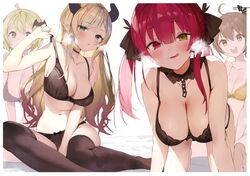 4girls :d :o ahoge aroused black_bra black_panties black_stockings black_thighhighs black_underwear blonde_hair blue_eyes blush_lines blushing blushing_at_viewer bow_panties bra breasts cleavage elf_ears female_focus female_only gaou gaou_(matsulatte) green_eyes hair_accessory hair_ornament hair_ribbon heterochromia hololive hololive_fantasy hololive_gen_1 hololive_gen_2 hololive_japan horns houshou_marine large_breasts licking_lips light-skinned light-skinned_female looking_at_viewer multiple_girls natsuiro_matsuri ombre_hair panties pointy_ears red_eyes red_hair stockings succubus thighhighs twintails underwear virtual_youtuber white_background yellow_eyes yozora_mel yuzuki_choco