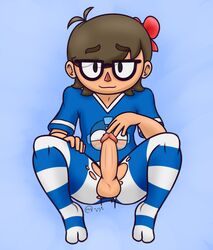 blue_background brown_hair erection glasses looking_at_viewer male male_only mega_man revhearts solo_male tagme