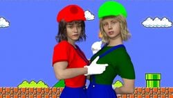 2girls 3d 3d_(artwork) luigi lykoxxx mario mario_(series) nintendo rule_63 sisters super_mario_bros. super_mario_bros._(nes) video_game video_games yuri