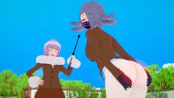 2girls ando_ruruka ass ass_out black_gloves bottomless danganronpa danganronpa_3 exposed exposed_ass eyebrows_visible_through_hair female female_only gloves happy holding_butt holding_own_ass holding_whip humiliation implied_spanking jacket kimura_seiko koikatsu long_sleeves mask no_panties pain park partially_clothed pink_hair public purple_hair skirt skirt_removed sky smiling smooth_skin spanking spanking_ass thick_thighs ultimateenf whip