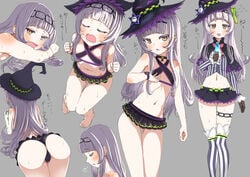 ass belly_button bikini feet female_only flat_chest grey_hair hololive hololive_gen_2 hololive_japan ice_cream miniskirt murasaki_shion nikujag96737782 tongue_out virtual_youtuber witch_hat yellow_eyes