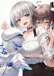 3girls amane_kanata big_breasts blush breast_grab breast_hold breast_smother breasts busty clothed clothed_female clothing embrace face_in_breasts female_only groping groping_breasts groping_from_behind holoforce hololive hololive_fantasy hololive_gen_1 hololive_japan myung_yi natsuiro_matsuri nervous_smile shirogane_noel virtual_youtuber yuri