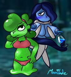 2girls apple_jelly banshee banshee_(miitopia) big_breasts blue_hair blue_skin bra breasts floating green_hair green_skin headband jelly lactating lactation miitopia moonilade one_eye_covered panties pussy_visible_through_clothes slime_girl sweater sweater_lift unusual_lactation very_long_hair