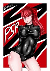 1girls atlus bare_thighs black_panties bmd18plus bmdraws closed_eyes kasumi_yoshizawa latex licking_lips long_hair medium_breasts megami_tensei panties persona persona_5 persona_5_royal ponytail red_hair smile solo solo_female sumire_yoshizawa tongue