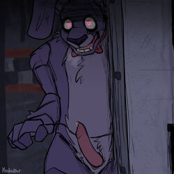 1:1 1boy animal_genitalia animal_penis animatronic anthro aroused bodily_fluids bonnie_(fnaf) bow_tie erection five_nights_at_freddy's fur genital_fluids genitals glowing glowing_eyes hi_res kedazar lagomorph leporid machine male male_only mammal penis precum presenting presenting_penis rabbit robot solo teeth video_games