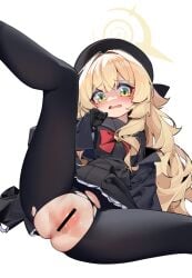 absurdres anus bar_censor beret black_coat black_gloves black_hat black_pantyhose black_sailor_collar black_serafuku blonde_hair blue_archive blush bow bowtie censored coat female fluffy_hair gloves green_eyes halo hat highres long_hair looking_at_viewer no_panties open_clothes open_coat painterliuhao pantyhose professor_niyaniya_(blue_archive) pussy red_bow red_bowtie sailor_collar school_uniform serafuku simple_background skirt solo spread_legs torn_clothes torn_pantyhose white_background yellow_halo young