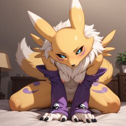 1girls ai_generated anthro arm_warmers bed breasts digimon female furry lamp looking_at_viewer renamon scp980 seductive small_breasts tail