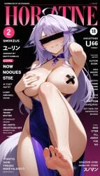 ai_generated armpits breasts_out censored_eyes femdom foot_fetish humiliation league_of_legends magazine magazine_front_page pandemonick purple_dress purple_hair sett's_mom smirk sweatdrop taped_nipples