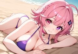 ai_generated beach bikini dichromatic_eyes essievt fanart looking_at_viewer pink_hair tagme vtuber