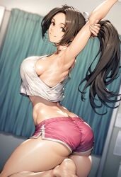 1girls ai_generated armpits arms_up brown_eyes brown_hair bubble_ass bubble_butt butt_crack casual fatal_fury feet female japanese japanese_female mai_shiranui pink_shorts ponytail shorts sideboob sleeveless smile smiling smiling_at_viewer snk solo street_fighter street_fighter_6 stretching tank_top thick_thighs thighs white_tank_top