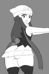 1girls artist_request dawn_(pokemon) huge_ass looking_at_viewer looking_back monochrome pokemon tagme