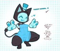 2024 4_fingers :3 ^_^ anthro barcode barcode_on_pubis black_ears black_legs black_tail black_text blue_blush blue_body blue_breasts blue_eyes blue_hands blue_heart blue_inner_ear blue_mouth blue_nipples blue_nose blue_pawpads blue_pussy blue_screen blue_text blue_tongue blue_top_hat blush blush_lines breasts cable_tail check_mark closed_eyes clothing crouching defunctumbra digital_drawing_(artwork) digital_media_(artwork) directional_arrow domestic_cat dotted_background double_v_sign duo english_text felid feline felis female female_anthro fingers floating_hands genitals gesture hand_gesture hat headgear headwear heart_symbol hi_res machine mammal medium_breasts multicolored_body navel nipples open_mouth open_smile pattern_background pawpads pussy robot robot_anthro screen screen_face short_stack simple_background sitting size_difference smile solo_focus tail text thick_thighs tongue top_hat translucent translucent_body triangle_nose tuxxy uterus v_sign wide_hipped_anthro wide_hipped_female wide_hips