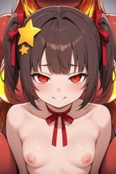 2girls ai_generated brown_eyes brown_hair chirritox cute eye_contact fat_man female fringe hispanic_virtual_youtuber imminent_oral imminent_sex innocent medium_hair oral petite pov red_eyes slim starvtuber teenager vtuber young