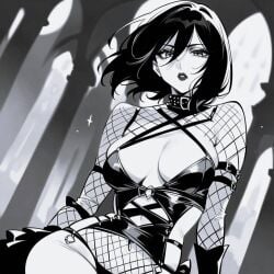 1girls ai_generated attack_on_titan black_and_white black_hair breasts city clothed fishnets goth_girl grayscale leather_clothing lipstick makeup mikasa_ackerman sensual shingeki_no_kyojin short_hair white_skin