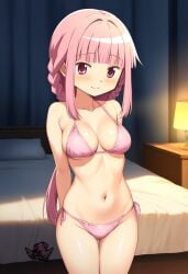 ai_generated artist_logo bed bedroom bikini braid cute madoka_worship magia_record:_mahou_shoujo_madoka_magica_gaiden magical_girl mahou_shoujo_madoka_magica medium_breasts micro_bikini pink_eyes pink_hair puella_magi_madoka_magica ribbon shy tamaki_iroha wide_hips