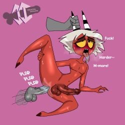 ahe_gao anal anal_sex anonymous_male big_balls big_dick demon demondraws disembodied_penis gay grey_skin helluva_boss horns male/male moaning plap pringles red_skin sweat tongue_out vivienne_medrano white_hair