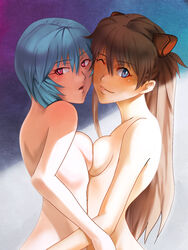 2girls asuka_langley_sohryu blue_eyes blue_hair breast_press breasts brown_hair dark_hair female gainax hair human ikuyoan light-skinned_female light_skin long_hair looking_at_viewer medium_breasts multiple_girls neon_genesis_evangelion nude orange_hair pale-skinned_female pale_skin posing red_eyes rei_ayanami short_hair symmetrical_docking wink yuri