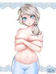 1girls arms_crossed_under_breasts big_breasts blue_eyes blue_pants bottomwear breasts cleavage female female_only hair jay156 mature mature_female mature_woman milf mother pants ponytail rwby solo solo_female topless white_hair willow_schnee