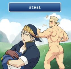 2boys artist_name ass bandana bara biceps black_bandana black_shirt blonde_hair blush brown_gloves closed_mouth completely_nude dialogue_box dong_saeng_(gaysomecomics) english_commentary english_text final_fantasy final_fantasy_vi gloves grey_hair locke_cole looking_at_viewer looking_back looking_down male male_focus multiple_boys muscular muscular_male notice_lines nude one_eye_closed ponytail sabin_rene_figaro shirt signature smile sweatdrop theft third-party_source tongue tongue_out white_shirt yaoi