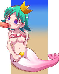 1girl blue_eyes bracelet crown fellatio green_hair hetero kirara_(pop'n_music) large_breasts mermaid microphone nollety oral pearl_bracelet pearl_necklace pop'n_music shirt_lift short_hair small_nipples tears