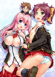 ass baka_to_test_to_shoukanjuu blue_eyes bow breast_squeeze breasts breasts_out brown_hair cameltoe flat_chest green_eyes hairbow hikapan himeji_mizuki horny large_breasts long_hair looking_back necktie nipples no_bra open_clothes open_mouth open_shirt panties pink_hair ponytail pussy_juice school_uniform shimada_minami shiny shiny_skin shirt skirt skirt_pull tied_hair tosh_(artist) underwear undressing yoshii_akihisa