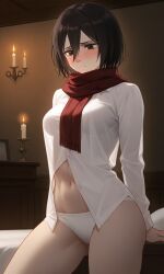 abdomen ai_generated attack_on_titan blush candlelight dark_room female mikasa_ackerman red_scarf shingeki_no_kyojin short_hair toned_female white_panties white_shirt