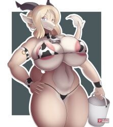 1girls ai_od anthro anthrofied armwear artist_signature big_hips big_thighs bikini blonde_hair bucket busty celinia_(cervina7) cow_print cow_print_bikini cow_print_swimsuit cowbell dragon earrings female_only front_view furry furry_only hand_on_hip hand_on_own_hip holding_object horns huge_breasts long_hair long_tail looking_at_viewer midriff multicolored_body mythological_creature oc oc_only original original_character raised_tail scalie simple_background solo solo_female standing swimsuit three-quarter_portrait tufted_tail white_border wristwear