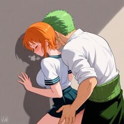 against_wall ai_generated clothed couple dominant_male green_hair hand_on_leg hot_breath kissing nami nami_(one_piece) one_piece orange_hair passionate roronoa_zoro shadow short_hair simple_background skirt white_shirt