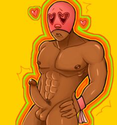 abs blush brown_skin dark_nipples embarrassed embarrassed_nude_male expressive_mask half_lidded_eyes hand_on_hip heart luchador luchador_mask mexican_male muscular_male oc original original_character pink_mask precum shiny_skin shiny_thighs simple_background tagme thighs wrestler