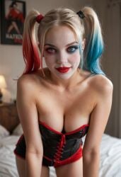 1female 1girls ai_generated bedroom blonde_hair booty_shorts cleavage colored_hair corset dc dc_comics dyed_hair female female female_only harley_quinn leaning_forward lipstick looking_at_viewer multicolored_hair photorealistic realistic red_lipstick slight_smile stable_diffusion suggestive twintails