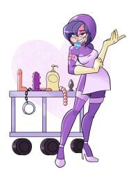 adjusting_gloves anal_beads apron artist_request buttplug condom_in_mouth condom_wrapper dildo gloves handcuffs high_heels hood imminent_rape latex_suit lube_bottle nurse surgical_mask tray wheel zone-tan