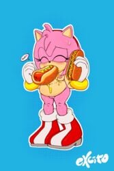 amy_rose breasts chili_dog closed_eyes eating excito female food heart hedgehog hot_dog mammal mustard nude obese overweight pussy sausage slightly_chubby sonic_(series) suggestive sweat