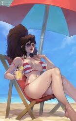 1girls aviator_sunglasses beach beach_chair beach_umbrella big_breasts bikini brown_hair green_eyes human kate_starling lemonade lipstick nikki_saito ocean pale_skin ponytail purple-tinted_eyewear relaxing sunglasses tinted_eyewear