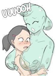 big_breasts black_hair dbaru elizabeth_appleboom female_only head_in_breasts height_difference hug moray_x-21 questionable_content slime_girl uohhhhhhhhh!_(meme)