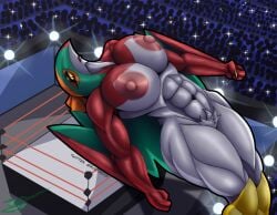 absurd_res anthro avian big_breasts bird breasts female generation_6_pokemon hawlucha hi_res irc_(artist) lipstick makeup muscular muscular_female nintendo nipples orange_eyes pokemon pokemon_(species) ring solo wrestling