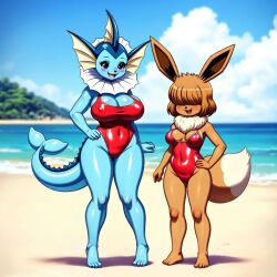 2girls ai_generated anthro beach cinder-ace-burn eevee eeveelution female hair_over_eyes one-piece_swimsuit pokemon pokemon_(species) swimsuit vaporeon