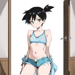 1girls ai_generated alternate_hair_color black_hair black_panties clothed crop_top denim_shorts jean_shorts kasumi_(pokemon) misty_(pokemon) petite_female pokemon short_hair small_breasts white_skin