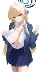 absurdres blonde_hair blue_archive blue_eyes blush breasts cleavage female halo highres kakumayu large_breasts long_hair long_sleeves looking_at_viewer millennium_science_school_student open_clothes sagging_breasts solo toki_(blue_archive)