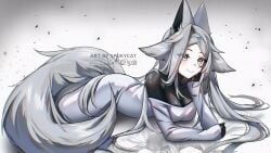 animal_ears artist_name blush breasts closed_mouth dress dya_rikku_(vtuber) female fox_ears fox_tail grey_background grey_eyes large_breasts long_hair looking_at_viewer lying on_stomach signature silver_hair smile solo tail twitter_username very_long_hair vyugen white_dress