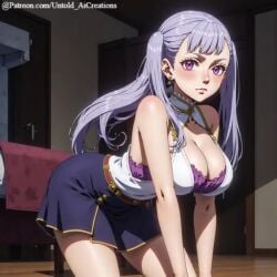 1girls ai_generated all_fours black_clover cleavage clothing female female_only indoors looking_at_viewer no_sex noelle_silva not_porn safe seductive solo_female untoldaicreations untoldcreate