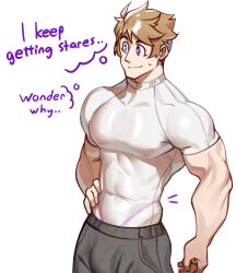 bara big_chest big_pecs blonde_hair blue_eyes compression_shirt g-string gay huge_chest huge_pecs male male_only montaro_(sachuman) muscular muscular_male sachuman text thought_bubble translucent_clothing underwear_visible_through_clothing