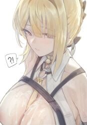 !? absurdres bare_shoulders between_breasts blonde_hair breasts breasts_out collared_shirt commentary_request cum cum_on_body cum_on_breasts elsi evelyn_chevalier female highres korean_commentary looking_at_viewer necktie necktie_between_breasts open_clothes open_shirt parted_lips portrait purple_eyes ring_hair_ornament shirt short_hair simple_background solo spoken_interrobang sweat white_background white_shirt yellow_necktie zenless_zone_zero