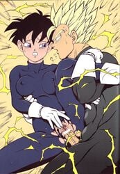 1boy 1girls 2d black_hair blue_eyes censored clothed_sex dragon_ball dragon_ball_z female full_color garland_(rehabilitation) gold_hair human male muscles nr1231 son_gohan straight straight_hair super_saiyan super_saiyan_2 torn_clothes vaginal_penetration videl videl_(short_hair)