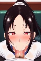 ahe_gao ai_generated black_hair blowjob censored fellatio gym_uniform heart-shaped_pupils kaguya-sama_wa_kokurasetai_~tensai-tachi_no_renai_zunousen~ ponytail pubic_hair red_eyes shinomiya_kaguya sucking_penis t-shirt white_hair