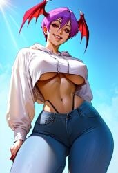 ai_generated baggy_clothing bat_wings black_thong civitai crop_top darkstalkers denim head_wings hoodie lilith_aensland navel navel_piercing panviewai panviewai pinup purple_hair red_eyes short_hair succubus thighs thong wings